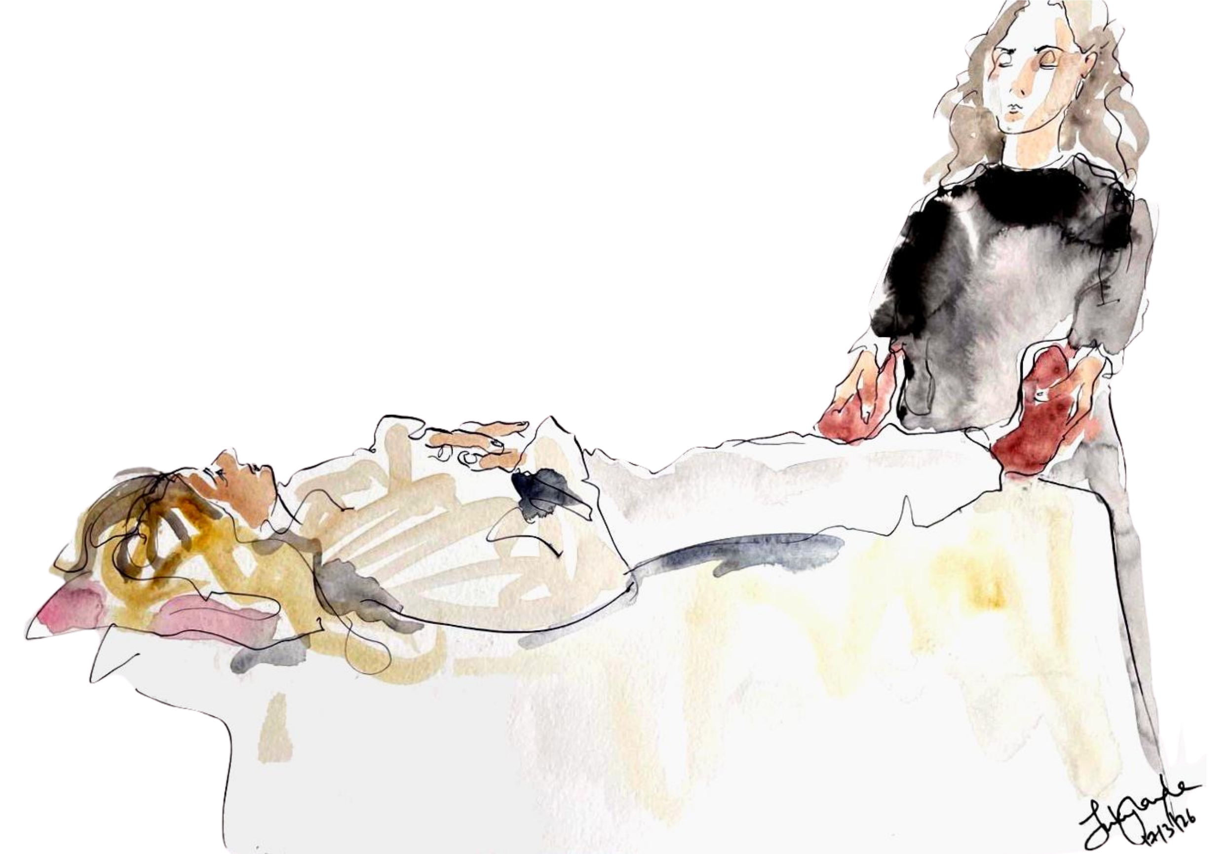 Watercolour illustration of a craniosacral therapy treatment